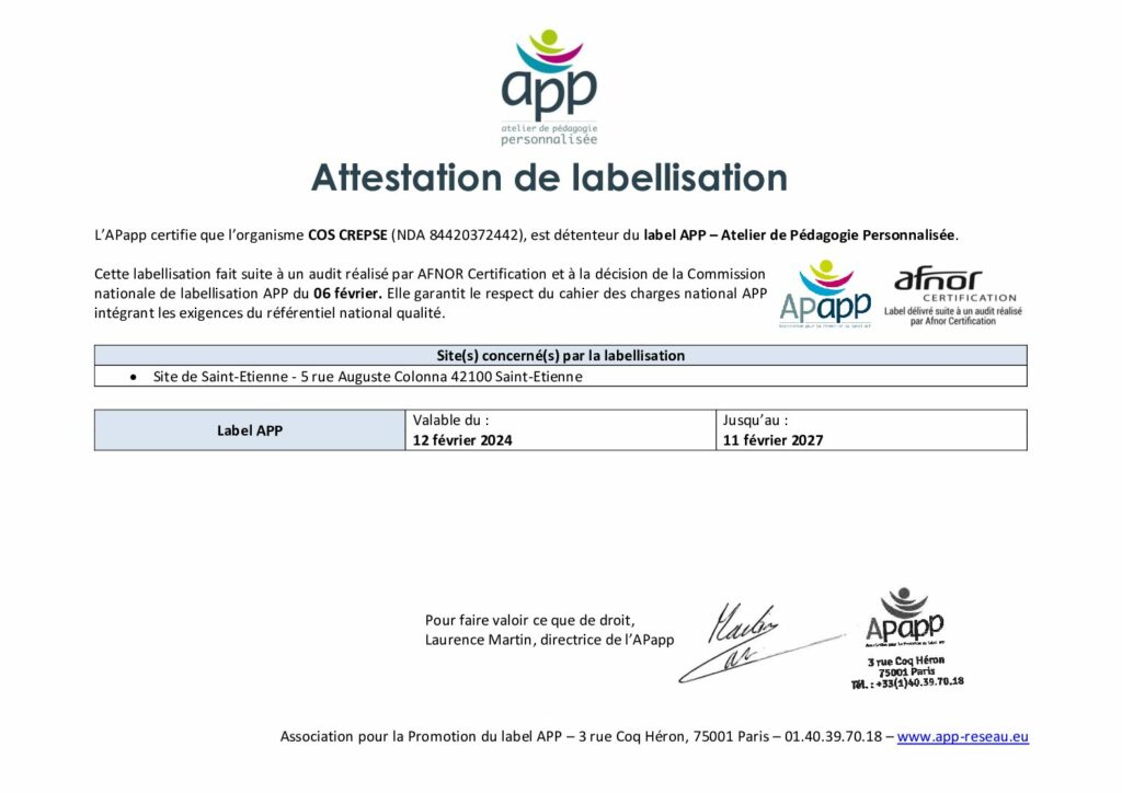 Attestation label – APP de Saint-Étienne