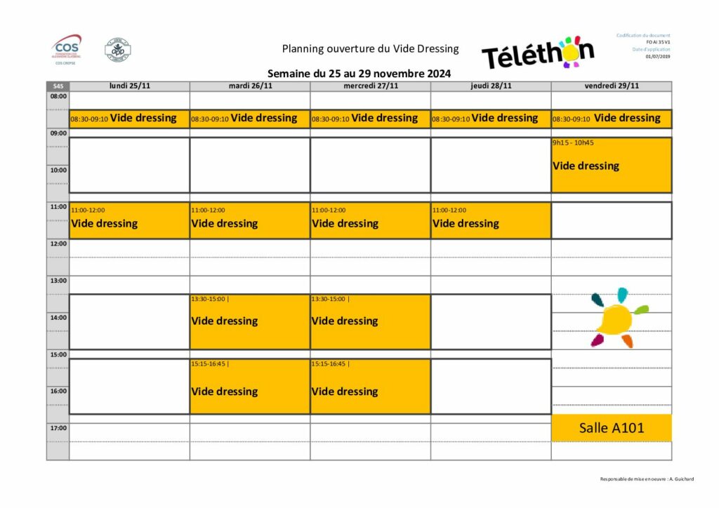 Planning ouverture du vide-dressing 2024 Téléthon